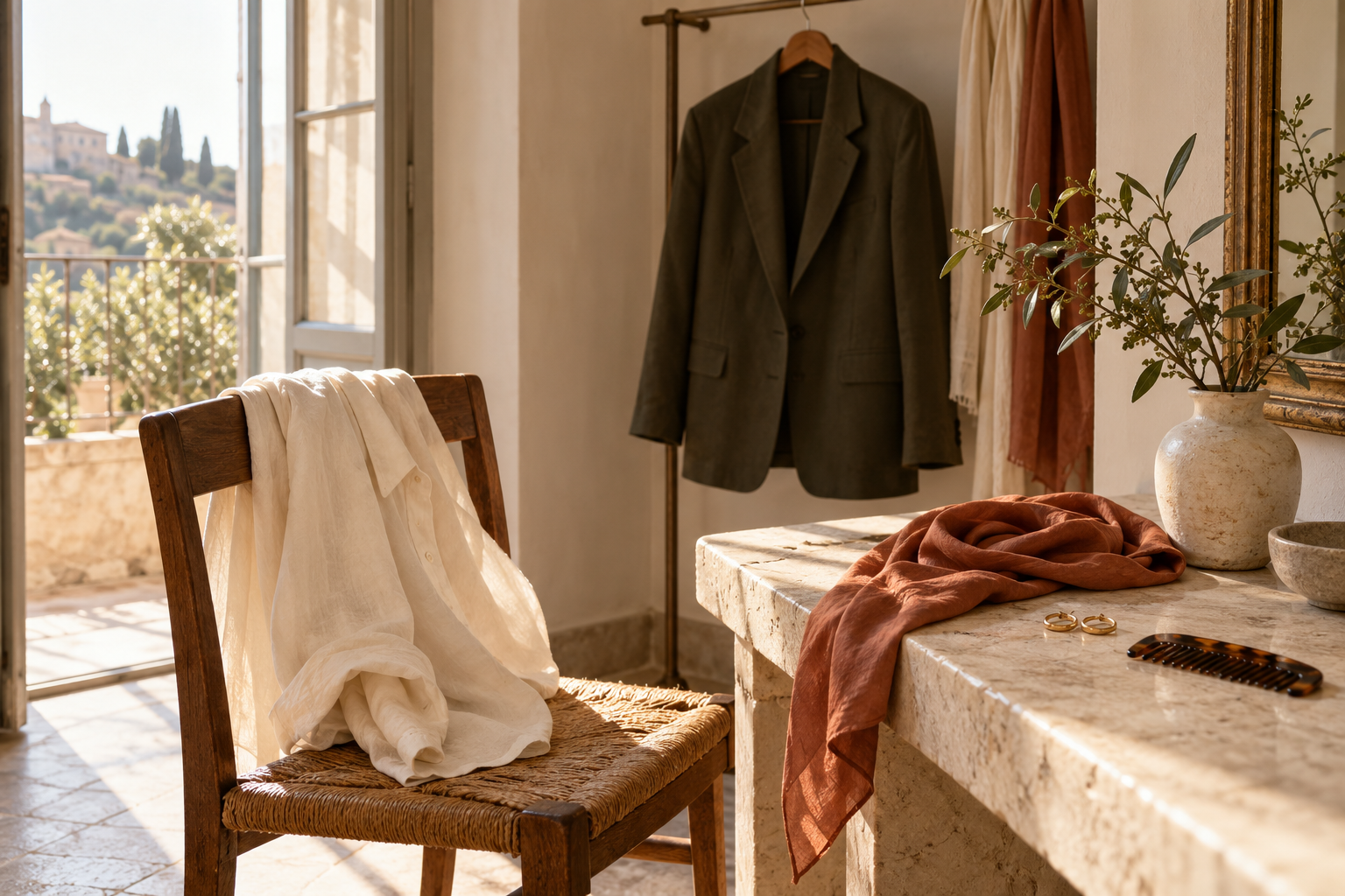 Warm morning light on an ivory shirt, olive blazer and terracotta scarf